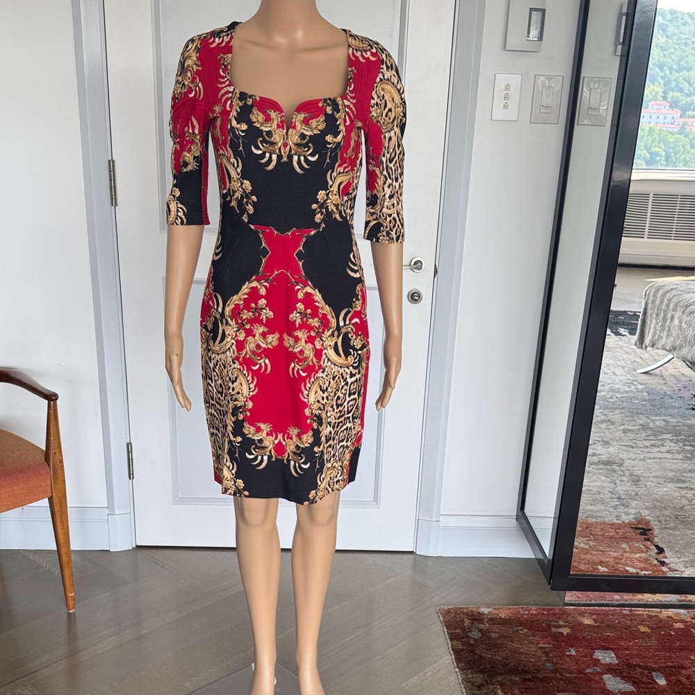 Just Cavalli Black and Red Midi Dress with Gold Pattern